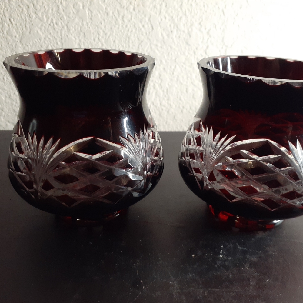 STUNNING Bohemian Czech Republic Faberge Ruby Red Cut Crystal 4" Votive Holders.